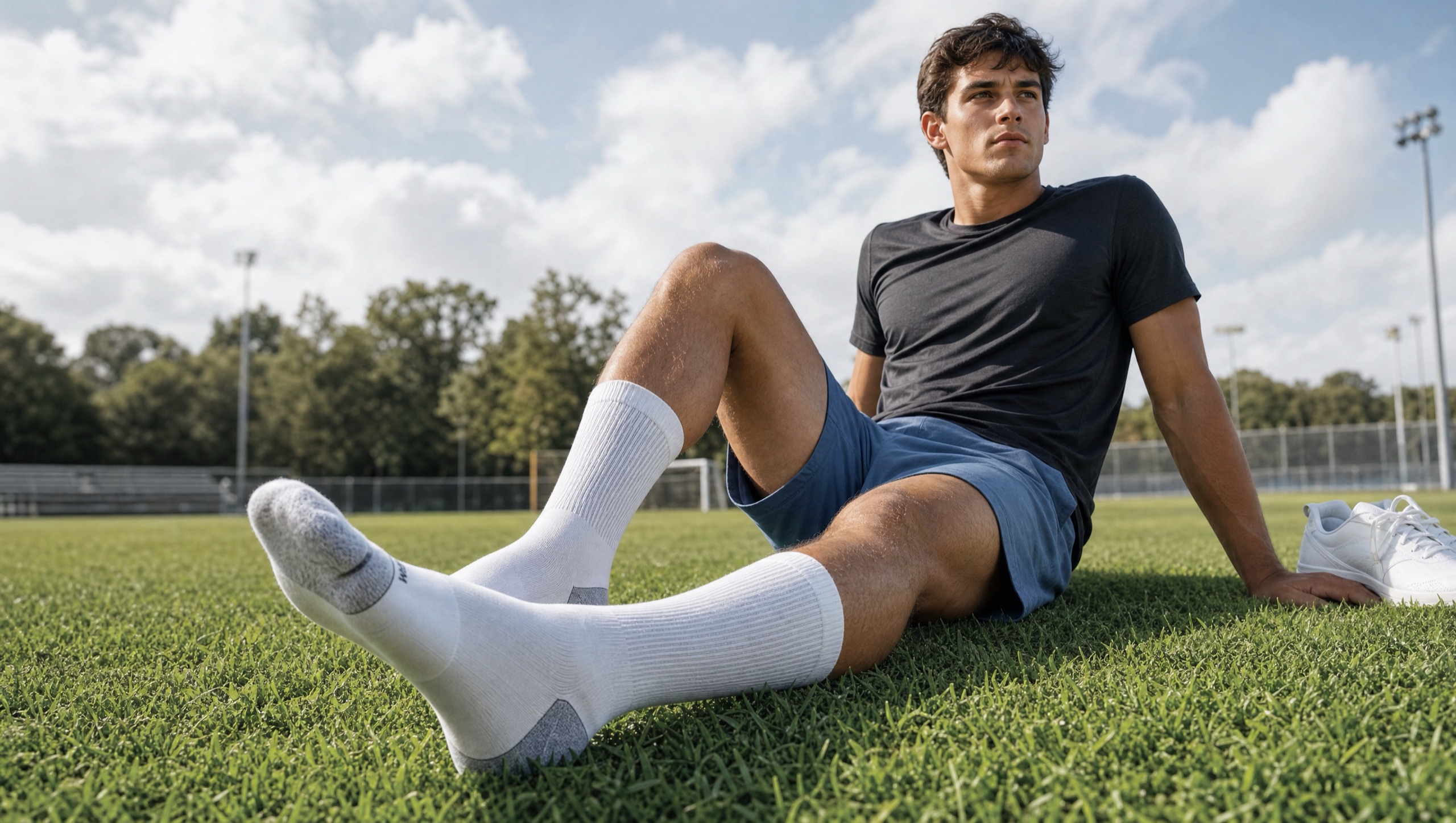 Athlete resting on a playing field in GMC performance crew socks