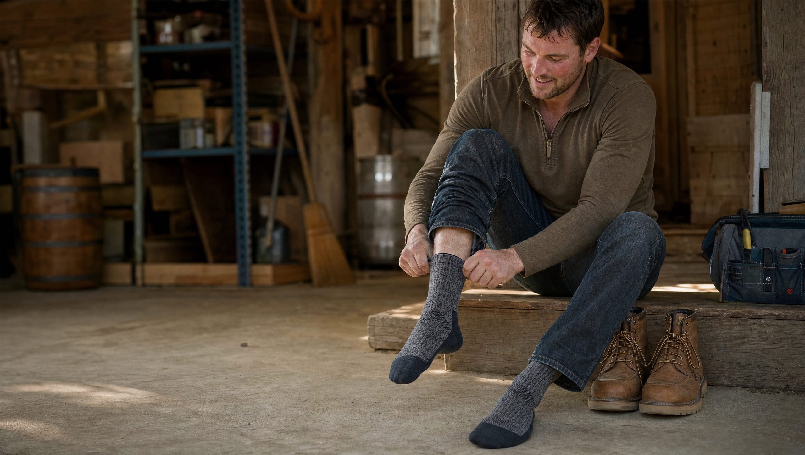 Man in a workshop pulling on GMC cushioned work socks, boots beside him