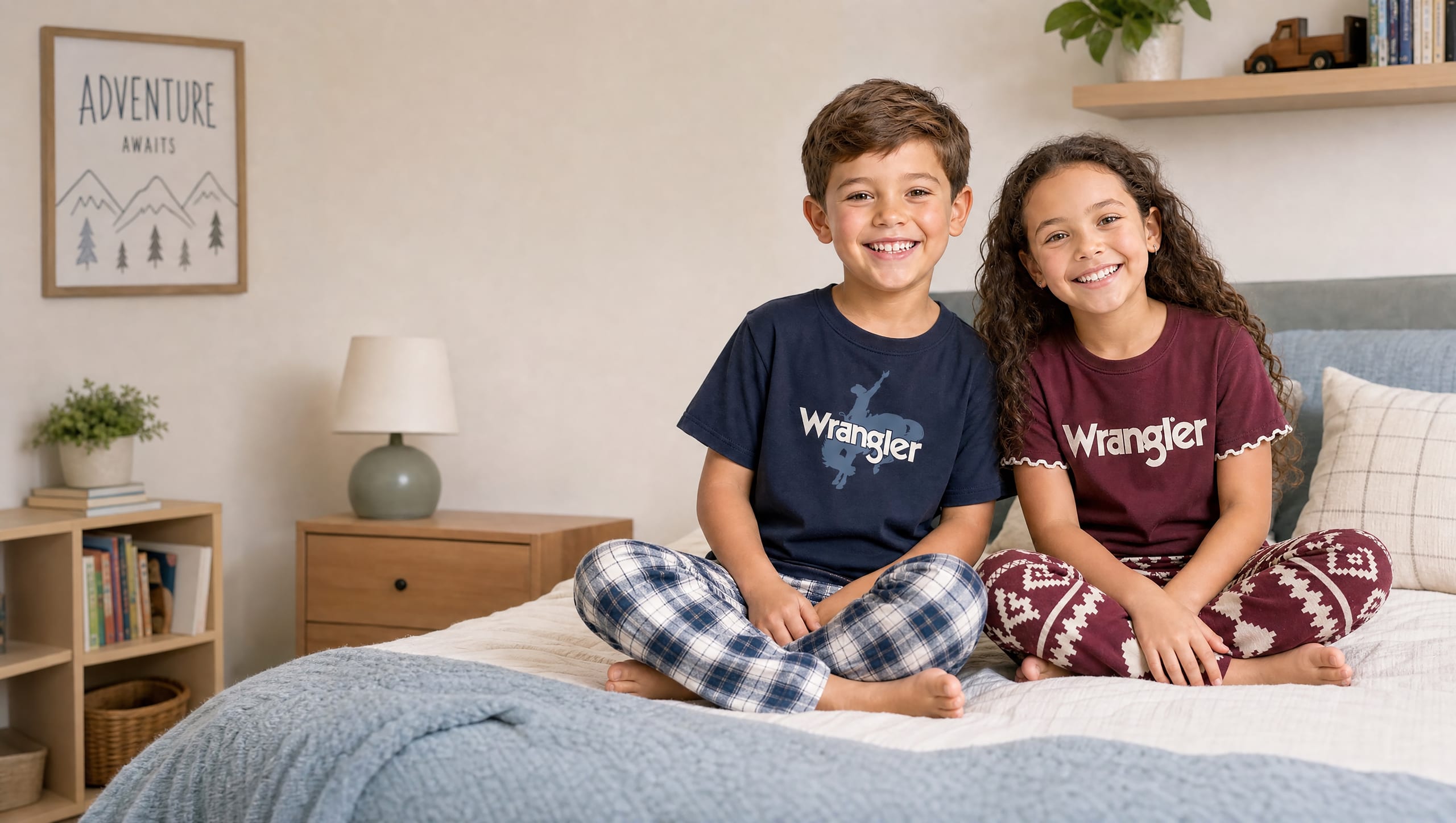 Two children sitting together on a bed in Wrangler pyjamas, smiling