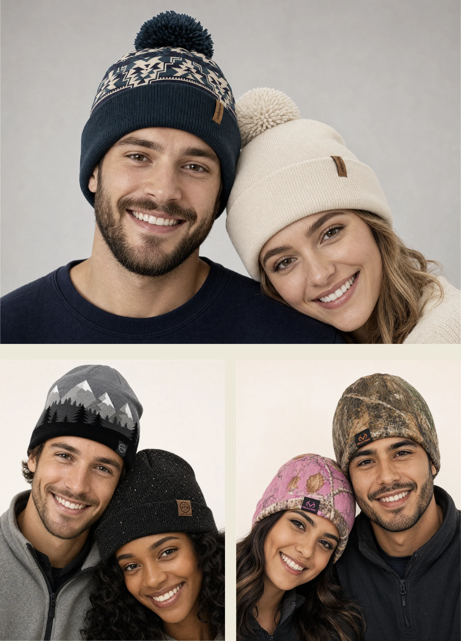 GMC beanies — a Western pom beanie and cream cuffed beanie, with outdoor and camo styles below