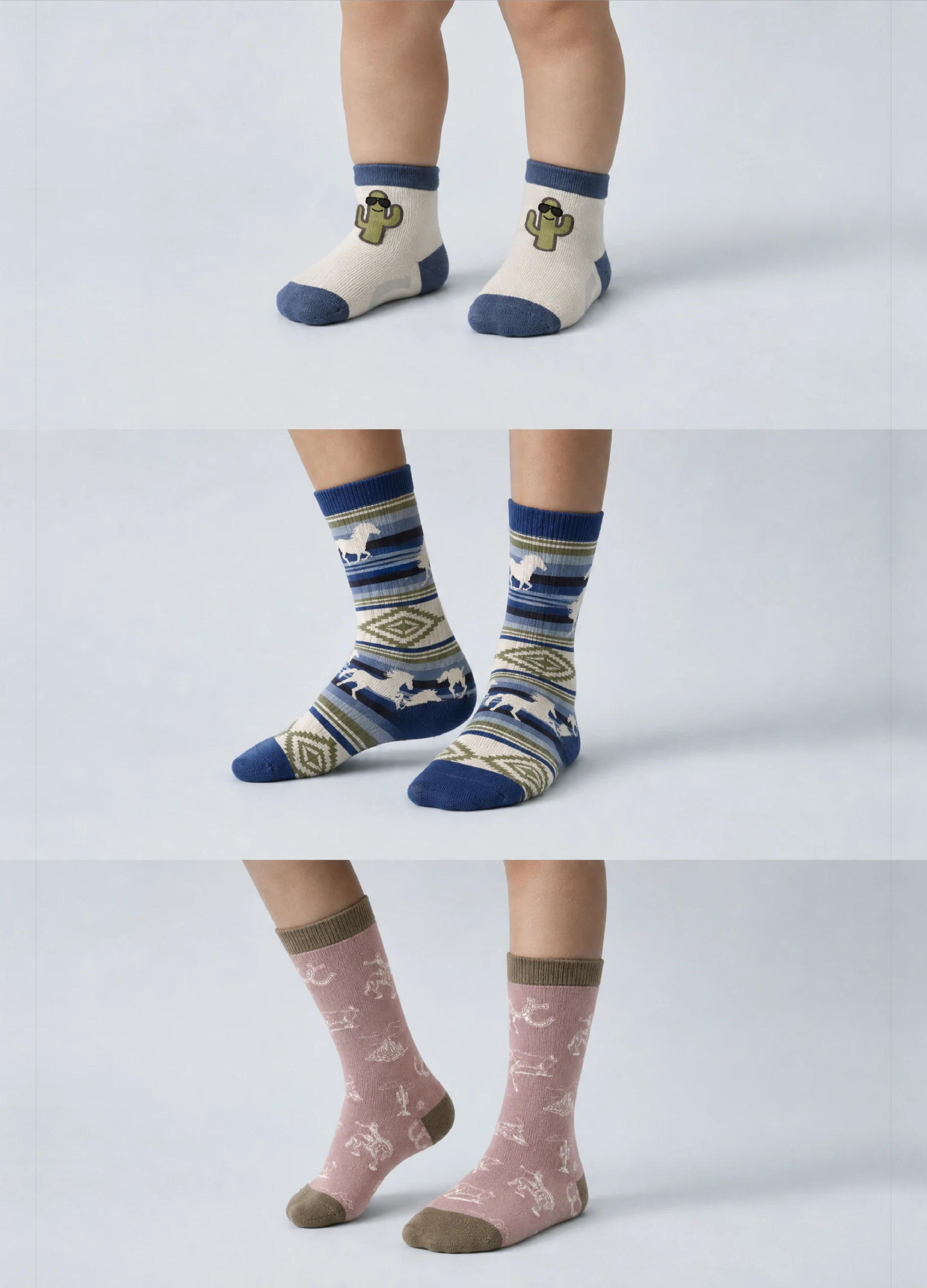 GMC kids' socks — a toddler print, a Western patterned crew and a printed crew