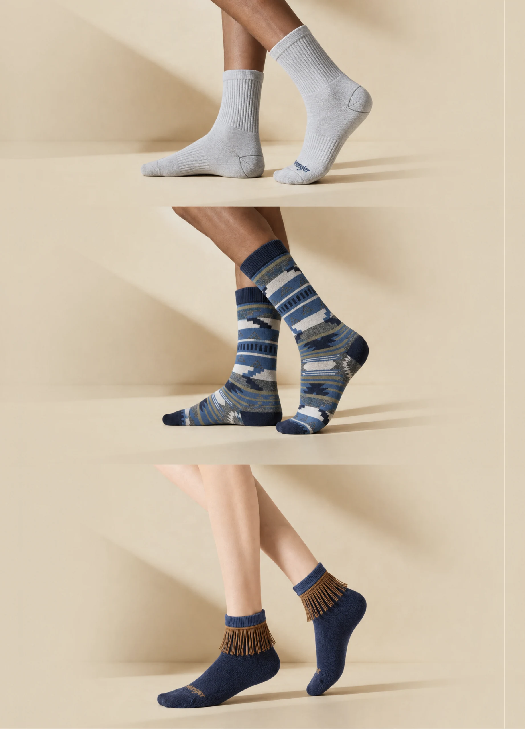 GMC Lifestyle and Western socks — a ribbed crew, a patterned Western crew and a fringed ankle sock