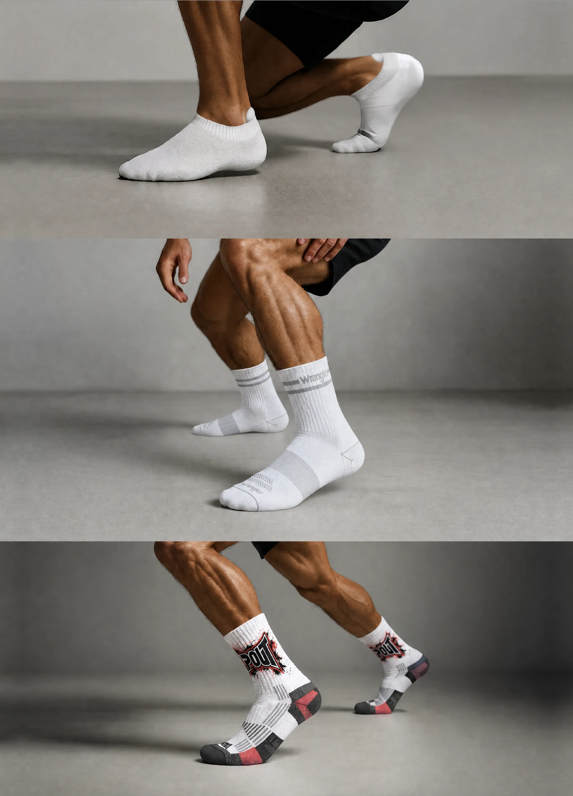 GMC Performance socks — no-show, crew and quarter heights worn in training